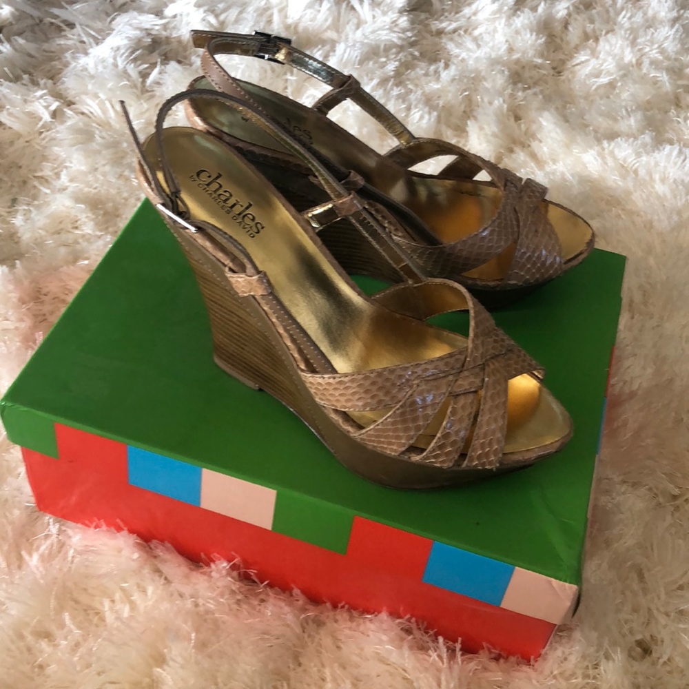 Charles David camel snakeskin wedge heels.
